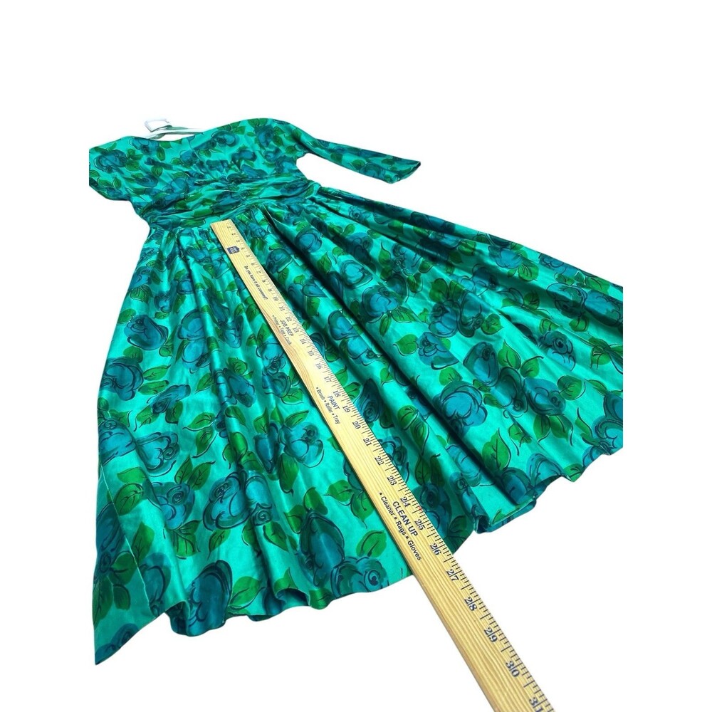 Vtg 50s Teal Blue Watercolor Floral Day Dress Fit Flare Garden Tea Party Small‎ - Picture 7 of 13